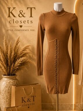Hera Collection Brown Long-Sleeve Corset-Front Knit Dress